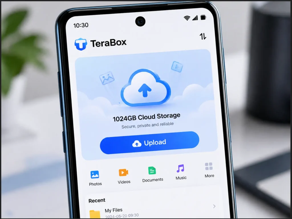 Terabox cloud storage app displayed on a modern Android smartphone screen