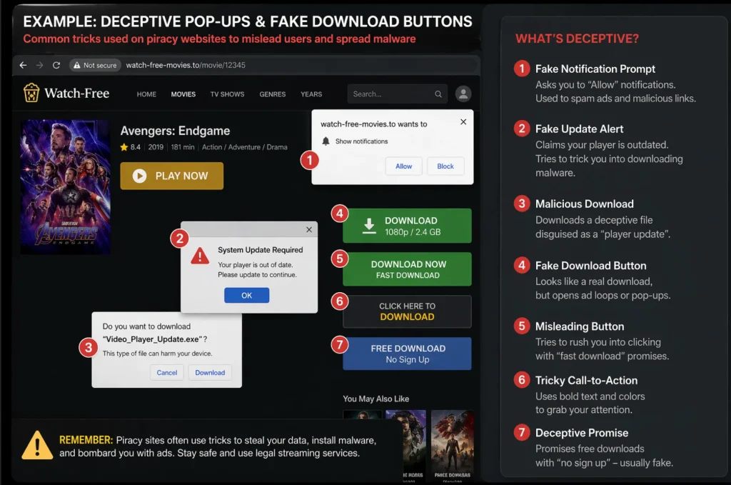 Example of deceptive pop-ups and fake download buttons on a piracy website