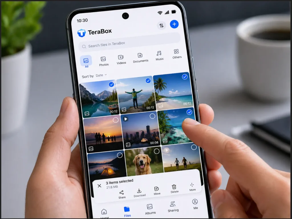 A user organizing photos and videos inside a cloud storage application on their phone