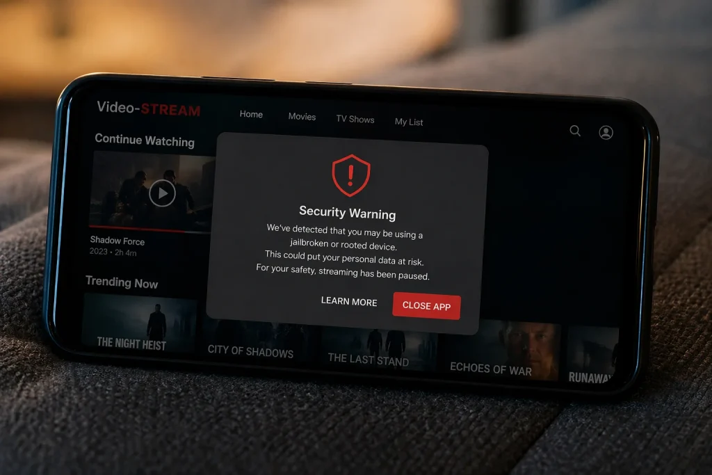 a image showing security warning over a movie streaming app