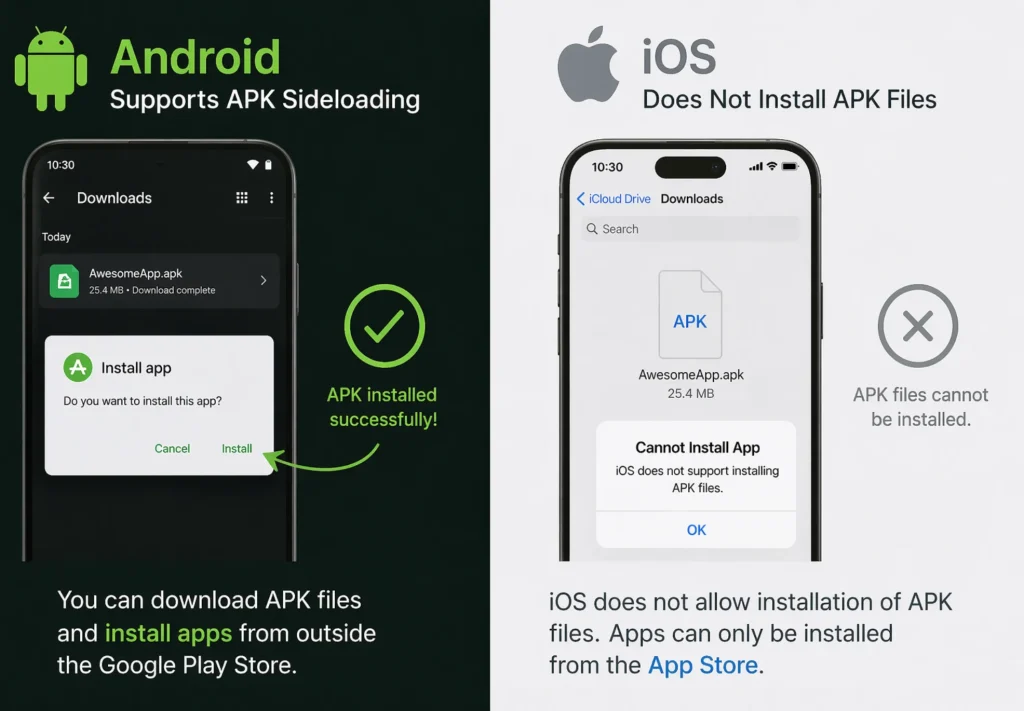 Android supports APK Sideloading iOS does not install APK files at all