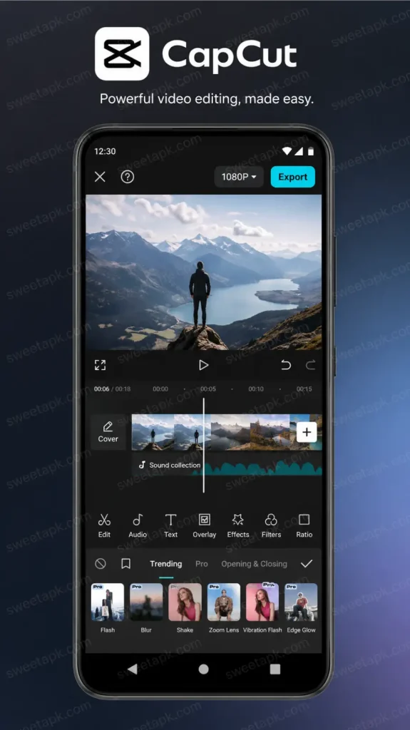 CapCut APK download official app interface on Android smartphone showing video editing tools