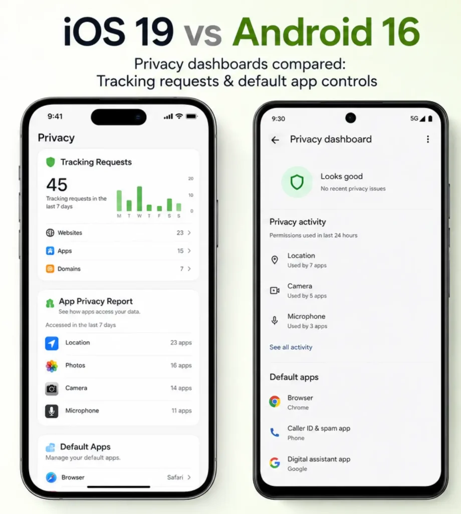 iOS 19 and Android 16 privacy dashboards comparing app tracking, permission controls, and default phone app settings