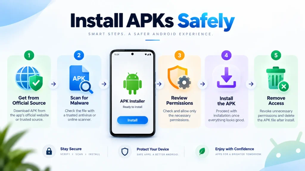 Safe Android APK installation workflow with official source checks, malware scanning, permission review, and access removal