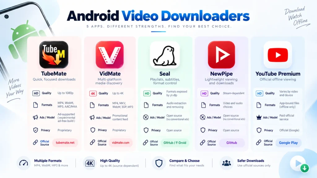 TubeMate vs VidMate APK comparison covering video quality, formats, ads, privacy, and official download sources